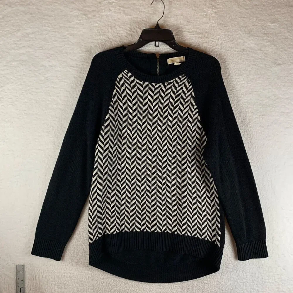 Michael‎ Kors Women's Angora Crewneck Black Gray Chevron Knit Pullover Sweater L